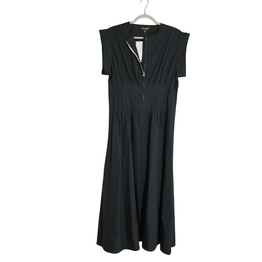 J. Crew Size Small Black Cotton Poplin Zip Front Pintuck Waist Midi Dress Preppy